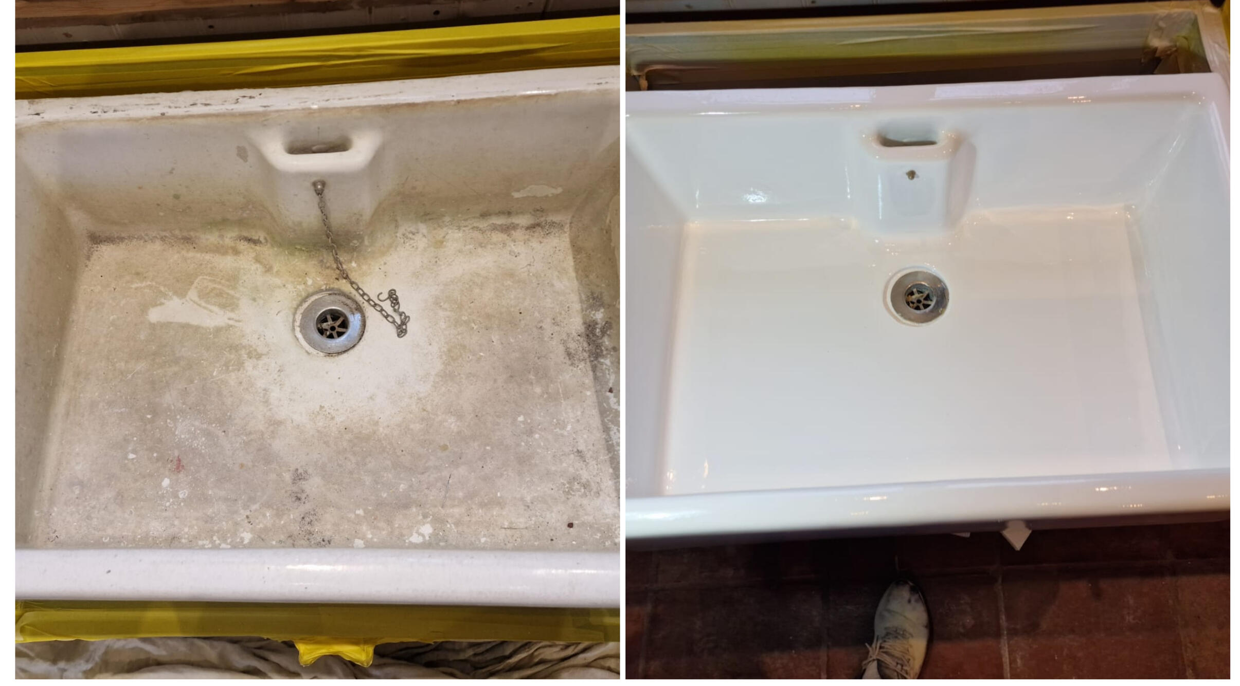 BELFAST KITCHEN SINK RESTORED IN Solihull BEFORE AND AFTER PHOTOS OF A KITCHEN CERAMIC BELFAST SINK, WAS DAMAGED AND FULL OF CHIPS, FULLY RESORED TO A LIKE NEW FINISH IN Solihull