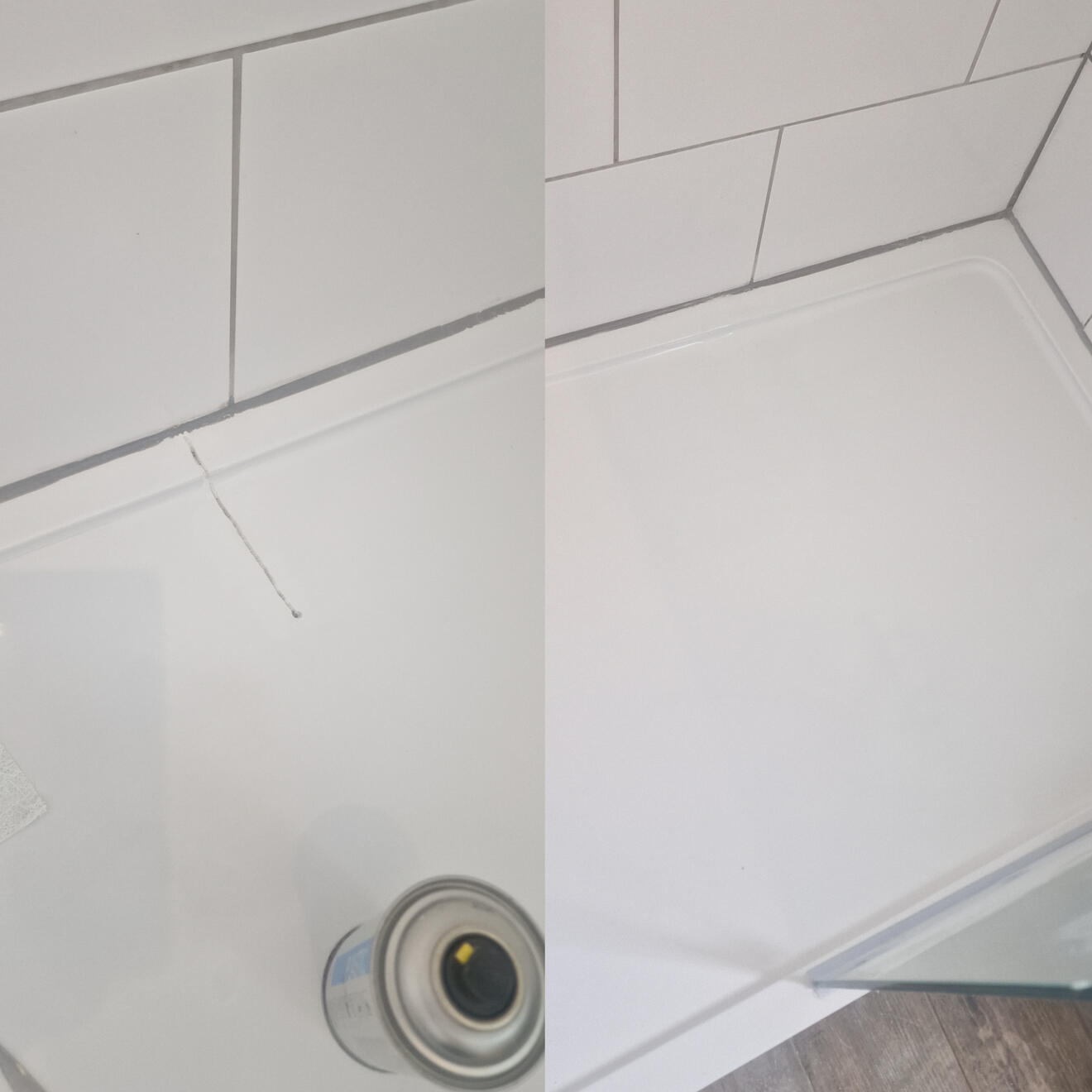 Shower tray crack repair Before and after stone resin shower tray crack repair in Solihull