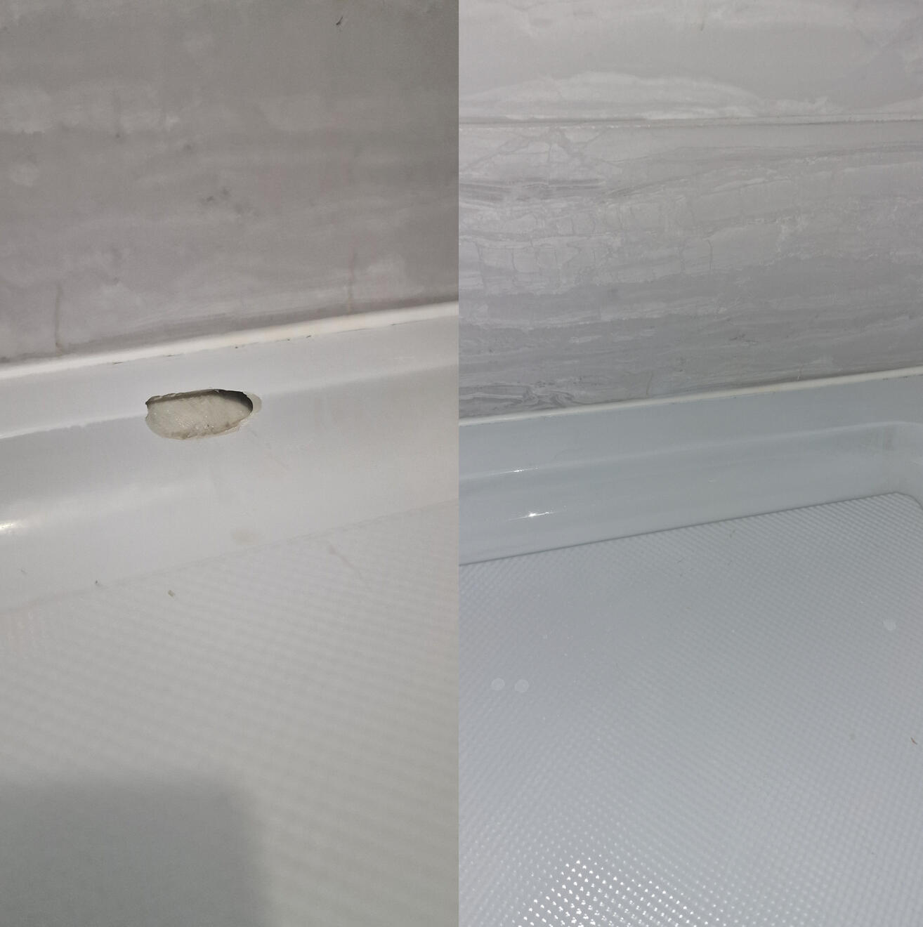 BEFORE AND AFTER PICTURES OF A STONE RESIN SHOWER TRAY CHIP REPAIR Before and after pictures of a shower Tray repair Solihull