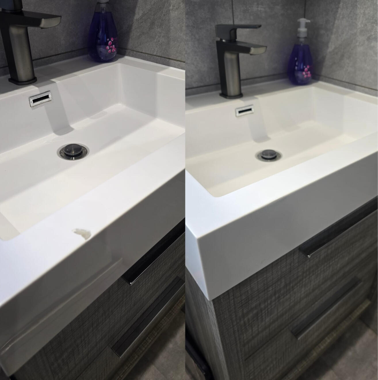 BEFORE AND AFTER PICTURES OF A COMPOSITE BATHROOM BASIN CHIP REPAIR Before and after composite bathroom basin chip repair in Solihull