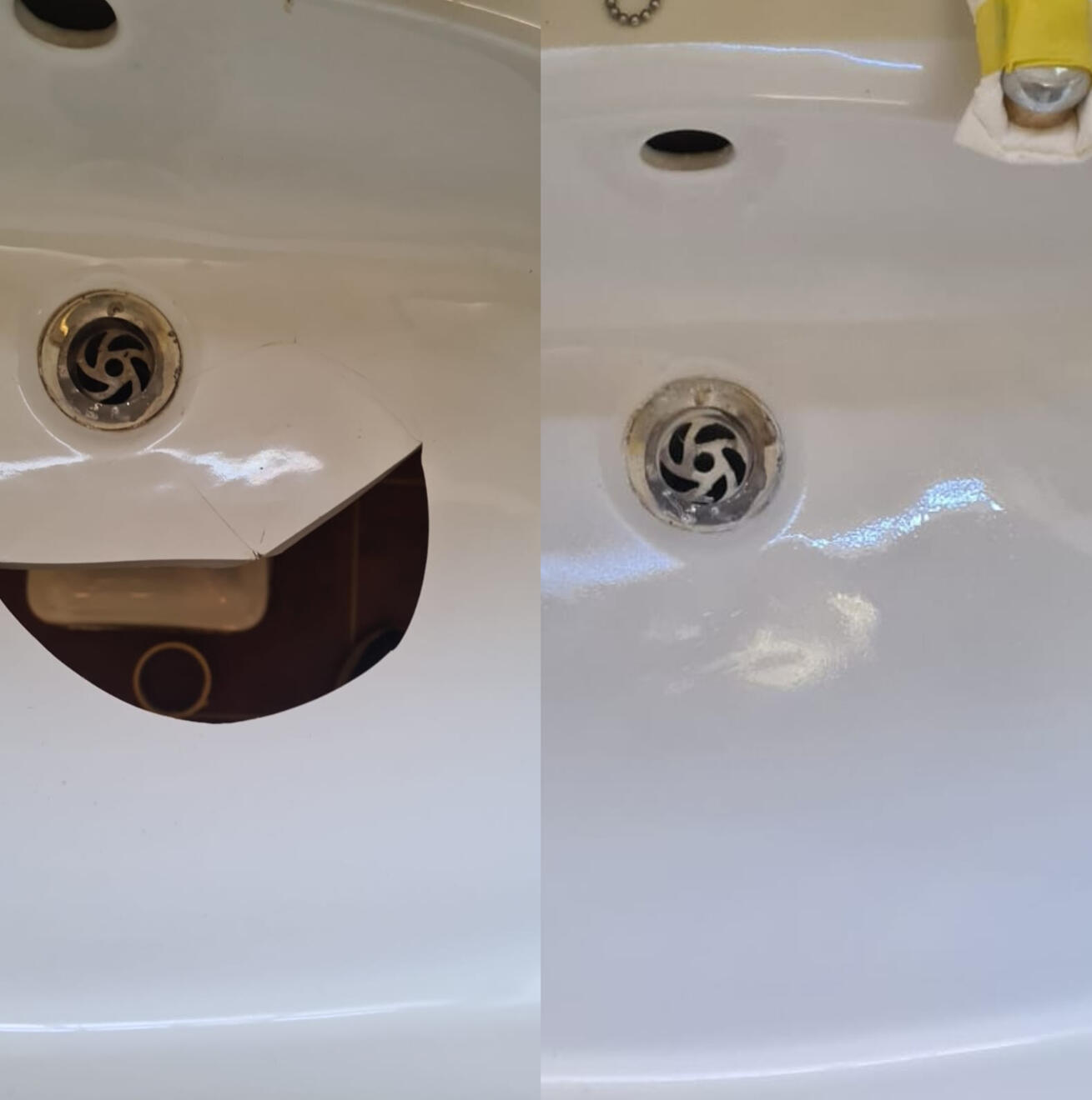 before and after pictures of a ceramic sink crack repair Before and after ceramic sink crack repair in Solihull