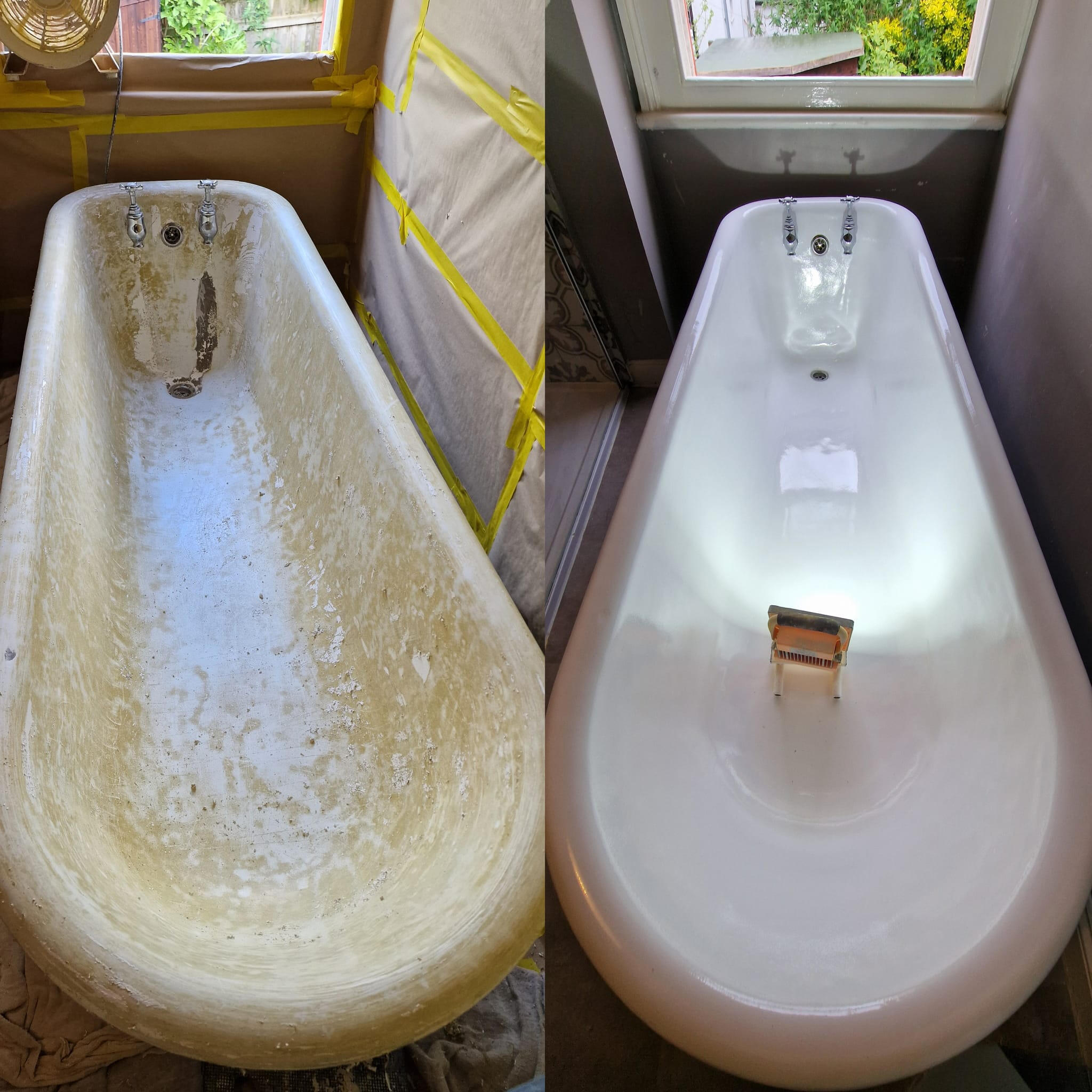 PICTURE OF A BEFORE AND AFTER OF A ROLL TOP CAST IRON BATH Before and after roll top cast iron bath re-enamelling in Solihull